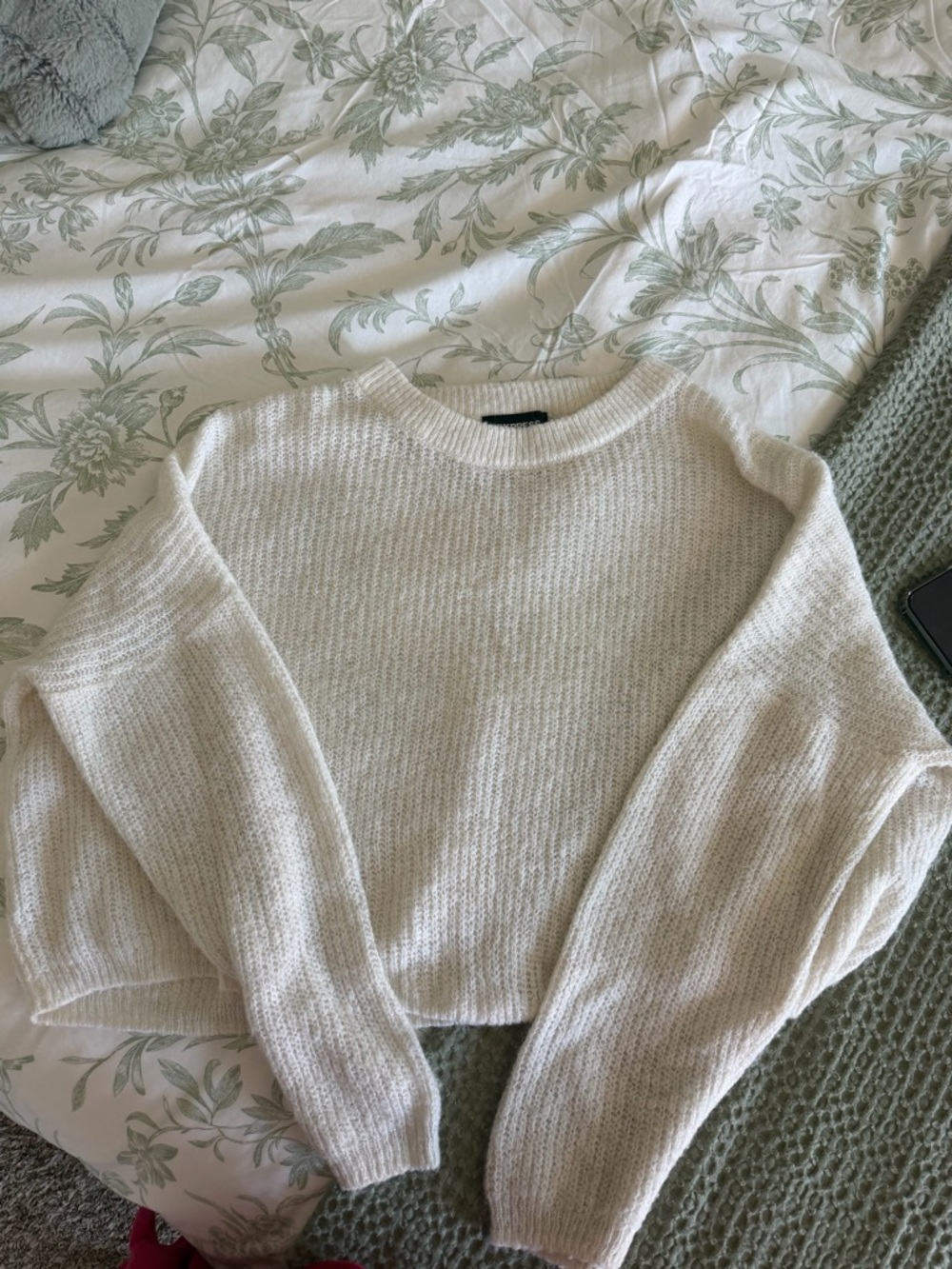 Express Cream Crewneck Cropped Knit Sweater